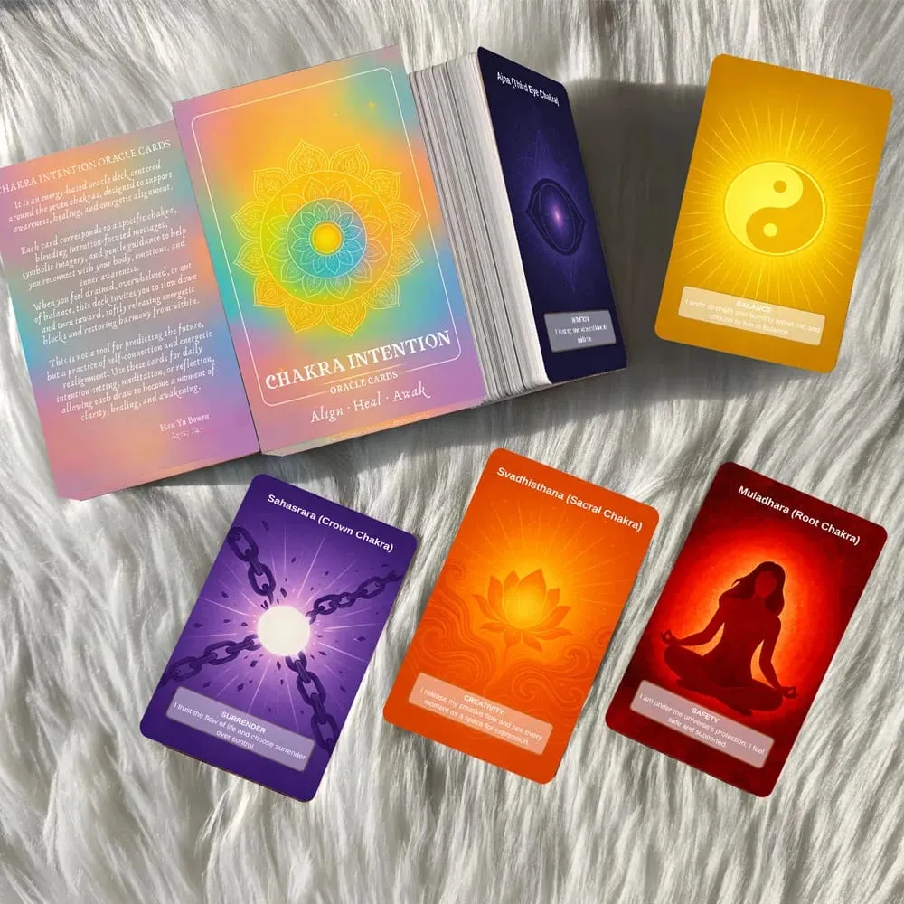 Baralho de 50 cartas inclui 1 carta de instrução Chakra Intenção Oracle Práticas de autoconexão e ajuste de energia