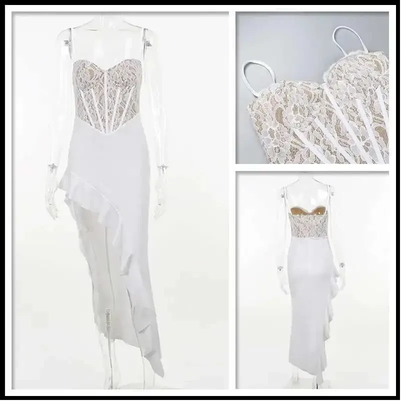 Townlike Ruffles Lace Patchwork Elegant Long Maxi Dress Women Spaghetti Strap 2023 Summer Dress Nightclub Sexy Party Dresses