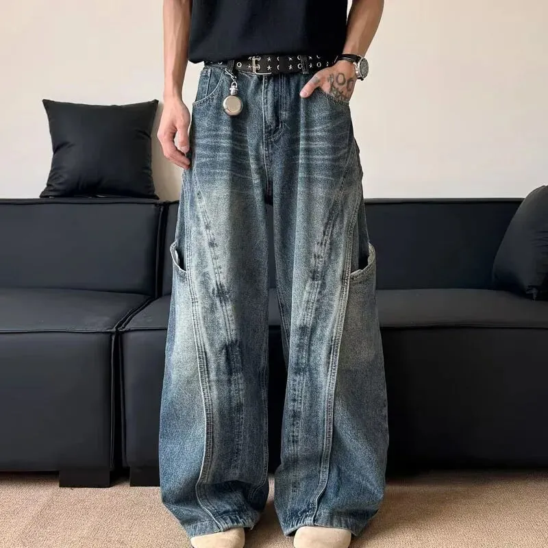 Calça jeans masculina curvada, versão coreana, com design retrô solto, perna reta, casual, bolso grande, perna larga