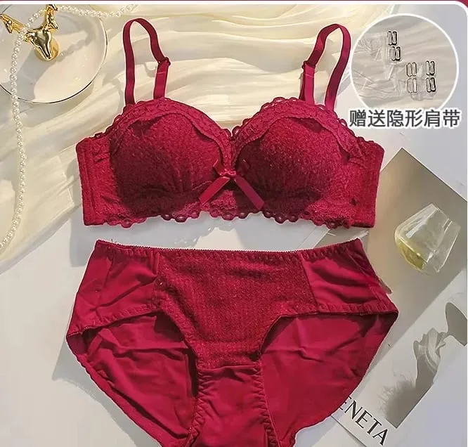Novo conjunto de lingerie de renda sem fio sutiã acolchoado meia xícara pequeno busto impulso sexy anti-sag roupa interior feminina toda a temporada S-XLAB copo