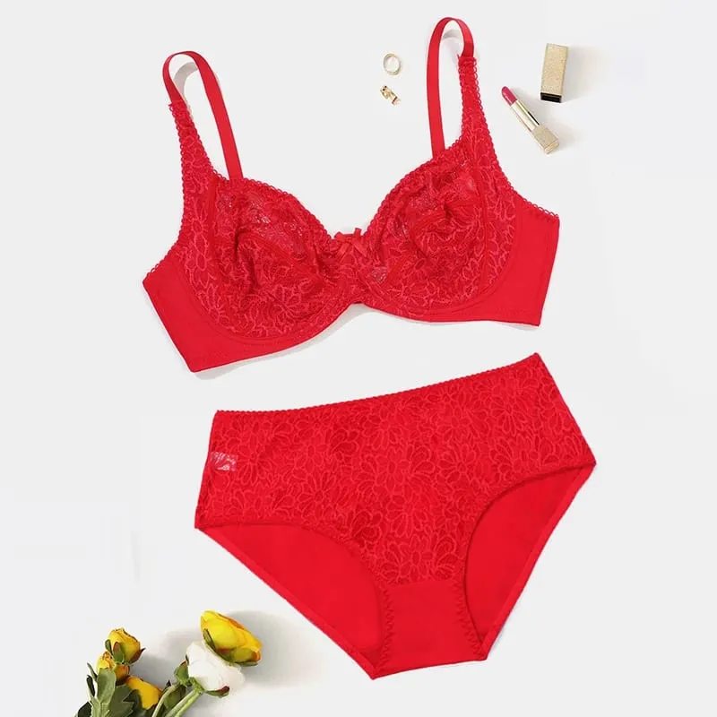 Female Big Size Lace Lingerie Set Bra with Wire Unlined Thin Breathable Bra and Panties Set 85C-110E