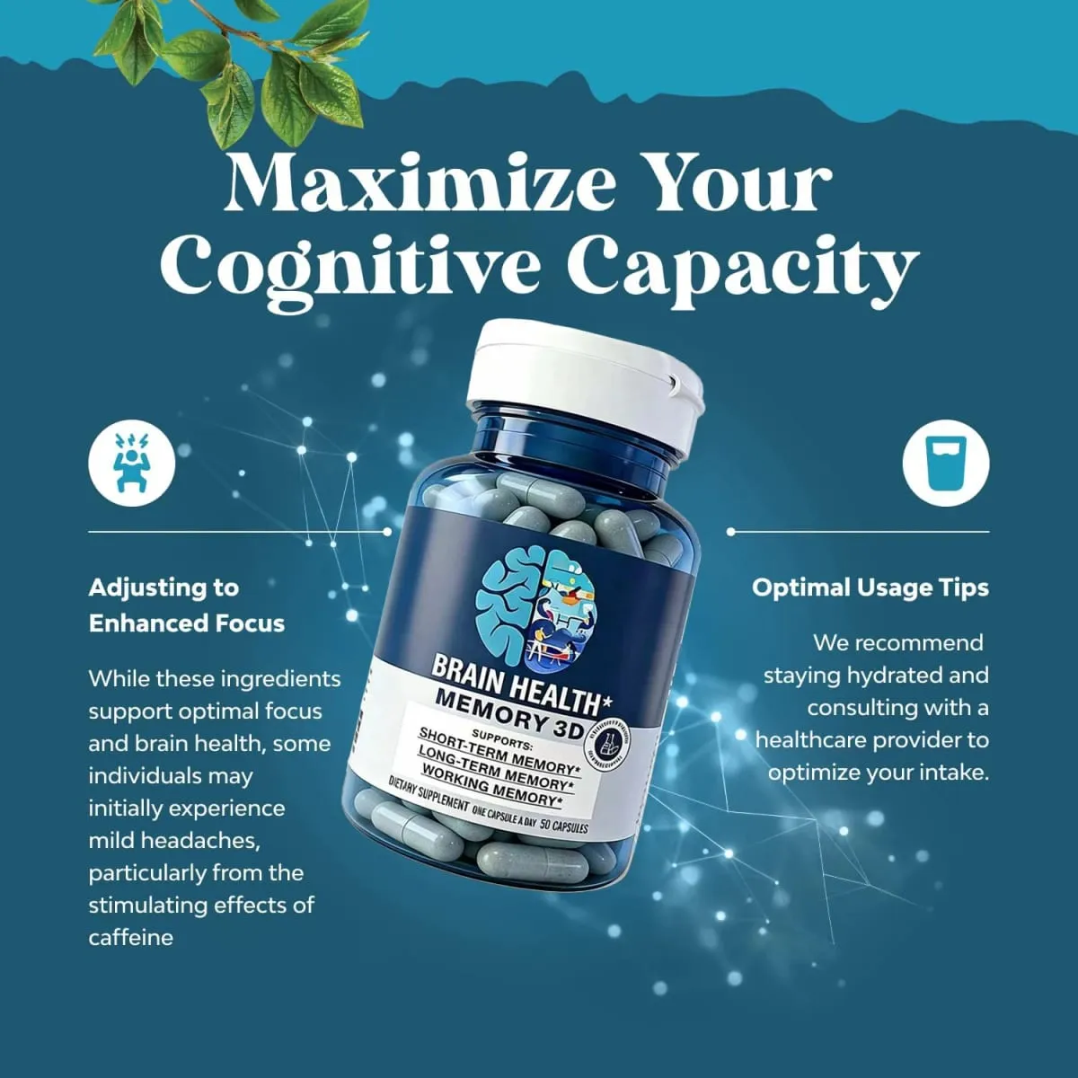 Suplementos cerebrais Memory 3D para memória e foco Vitamina B12 e B6 Ácido fólico 50 cápsulas — image 3