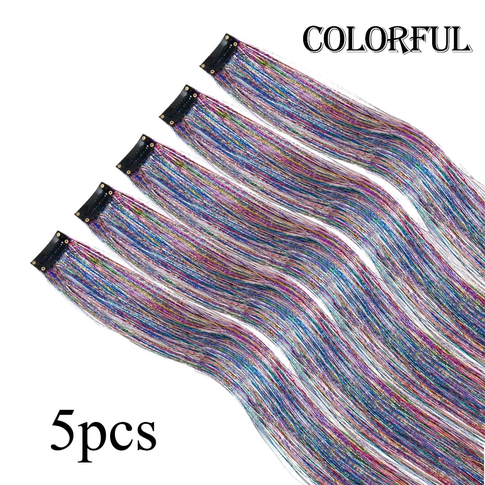 Atacado 5 unidades/pacote espumante brilhante extensões de cabelo clipe em brilho brilhante cabelo enfeites arco-íris brilhante brilho cabelo ouropel rosa/vermelho