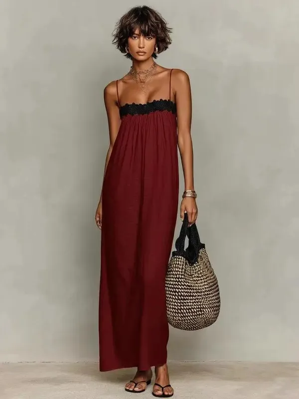 Vestido maxi boho feminino de verão, alça espaguete, renda, patchwork, praia solta, casual, férias, vestidos longos