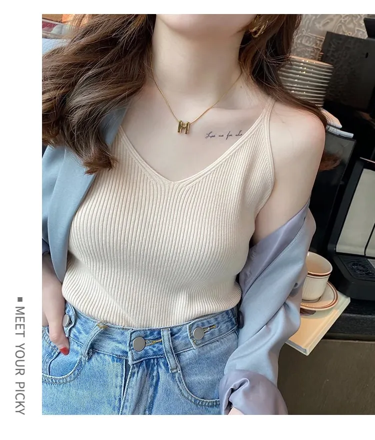 Coreia do verão topos novo sólido com decote em v elástico de malha suspender camis tanques roupas básicas camisa feminina