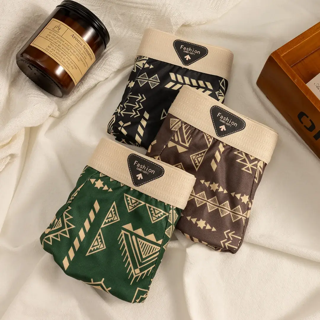 Men's Boxer Retro Ethnic Style Comfortable Smooth Fabric Briefs Vintage Print Elastic Underwear for Man Lingerie Flat Underpants