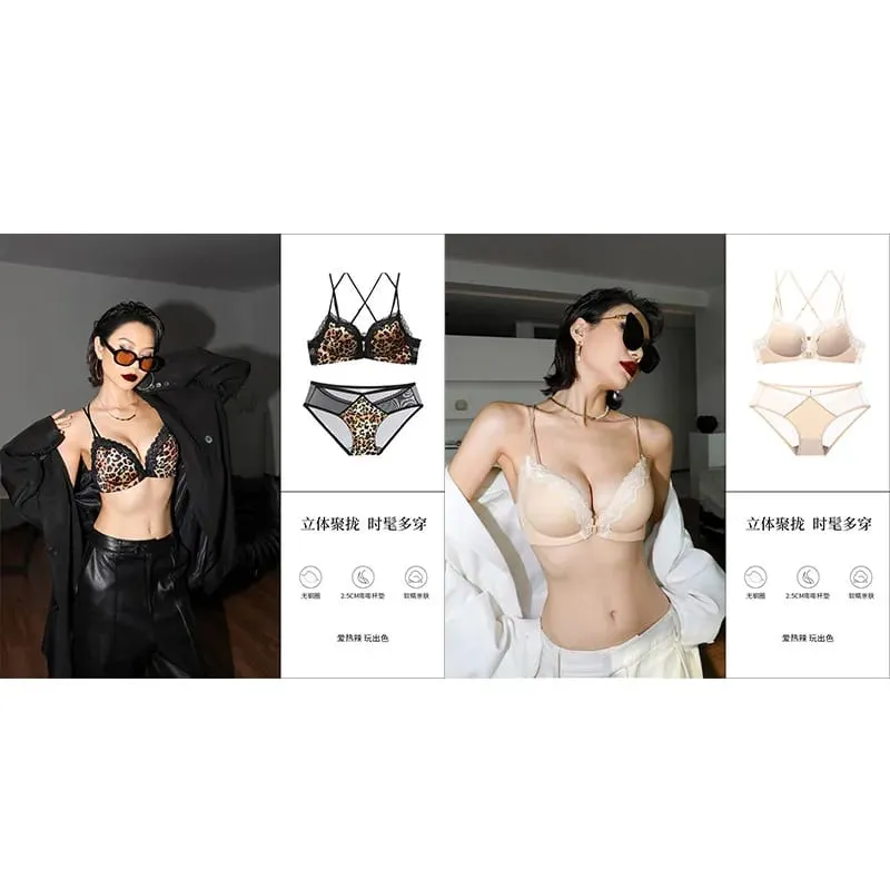 Victoria estilo conjunto de lingerie sem fio rosa leopardo padrão fechamento frontal sutiã sensual volta push up para busto pequeno 32-38