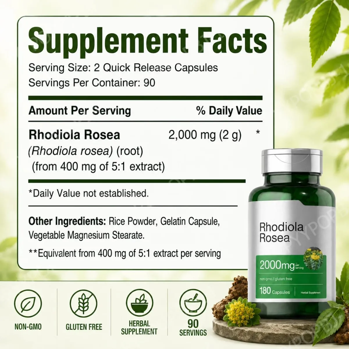 紅景天根萃取物 2000 毫克等效草本膳食補充劑 180 粒膠囊
