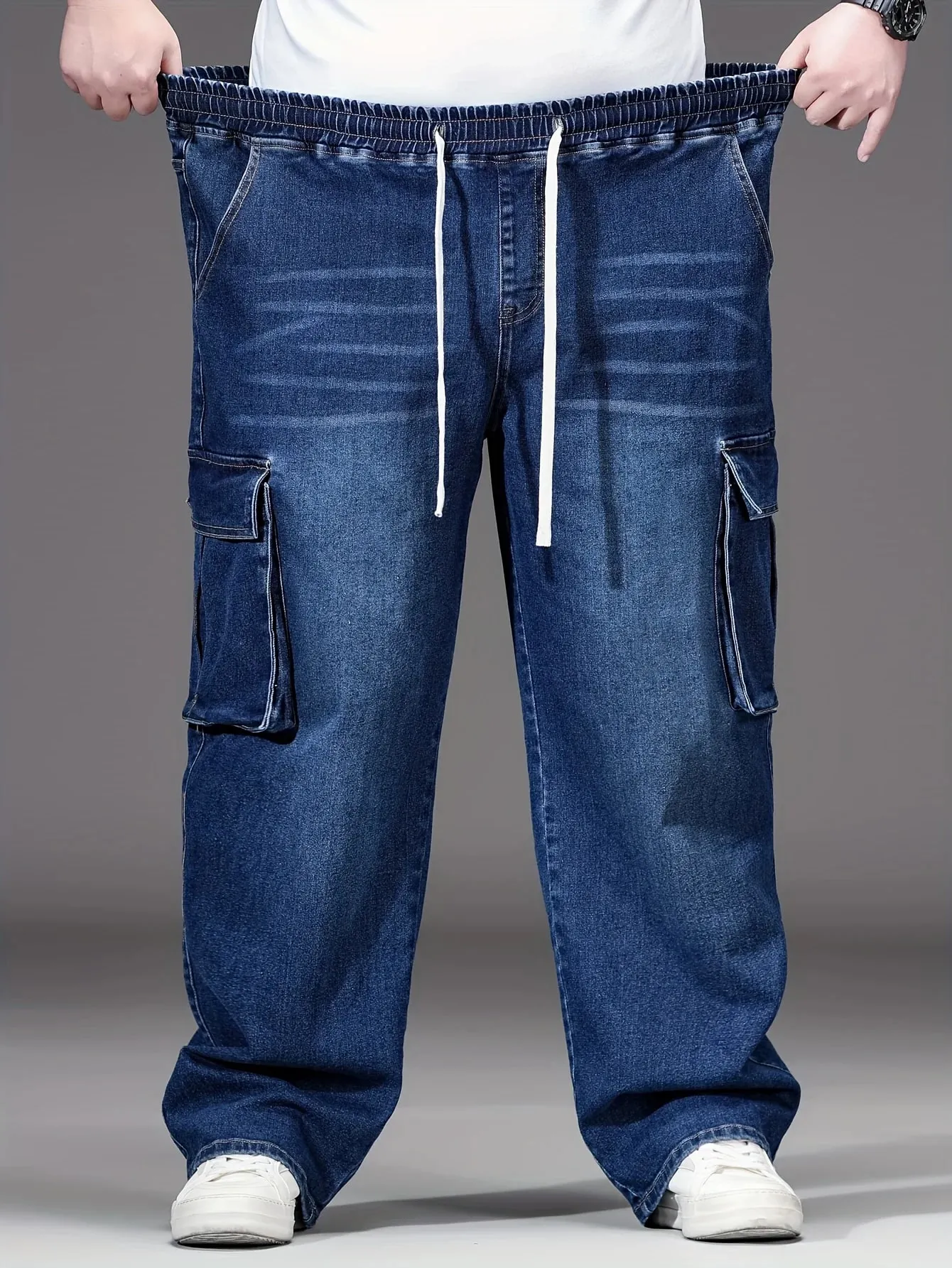 2026 novos homens calças de brim de grandes dimensões cintura alta elástico cordão estiramento baggy denim calças casuais versátil plus size