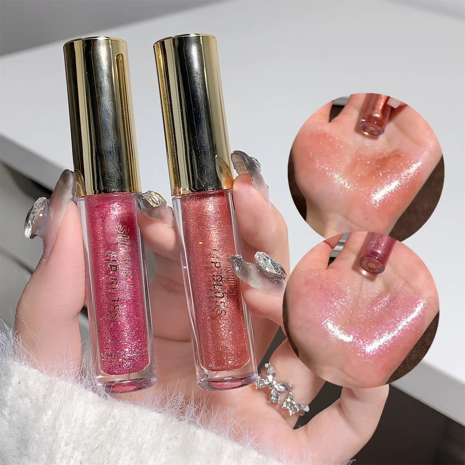 Pérola diamante brilho labial esmalte de longa duração hidratante brilho labial matiz óleo espelho de maquiagem água luz batons líquidos