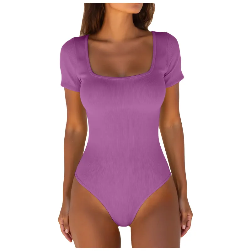 Sexy Bodysuits One-Piece Ribbed Square Neck Short Sleeve Bodysuits Women's Tummy Control Knitted Bottoming Tops Body Shaper