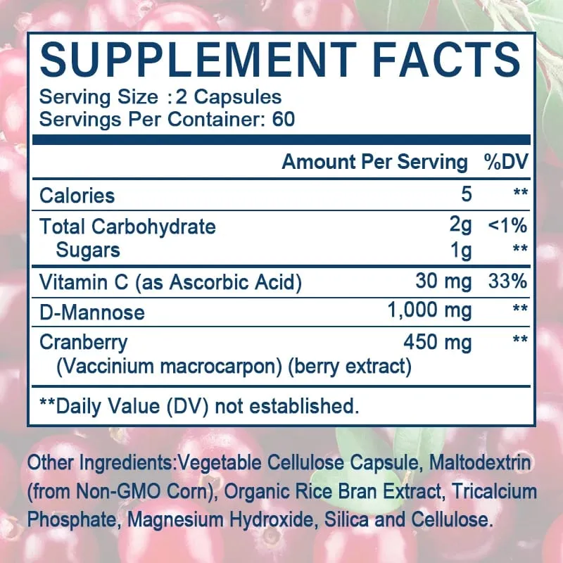 Cápsulas de D-Manose - com 1000mg de Extrato de Cranberry - Limpa, Desintoxica e Apoia a Saúde do Trato Urinário