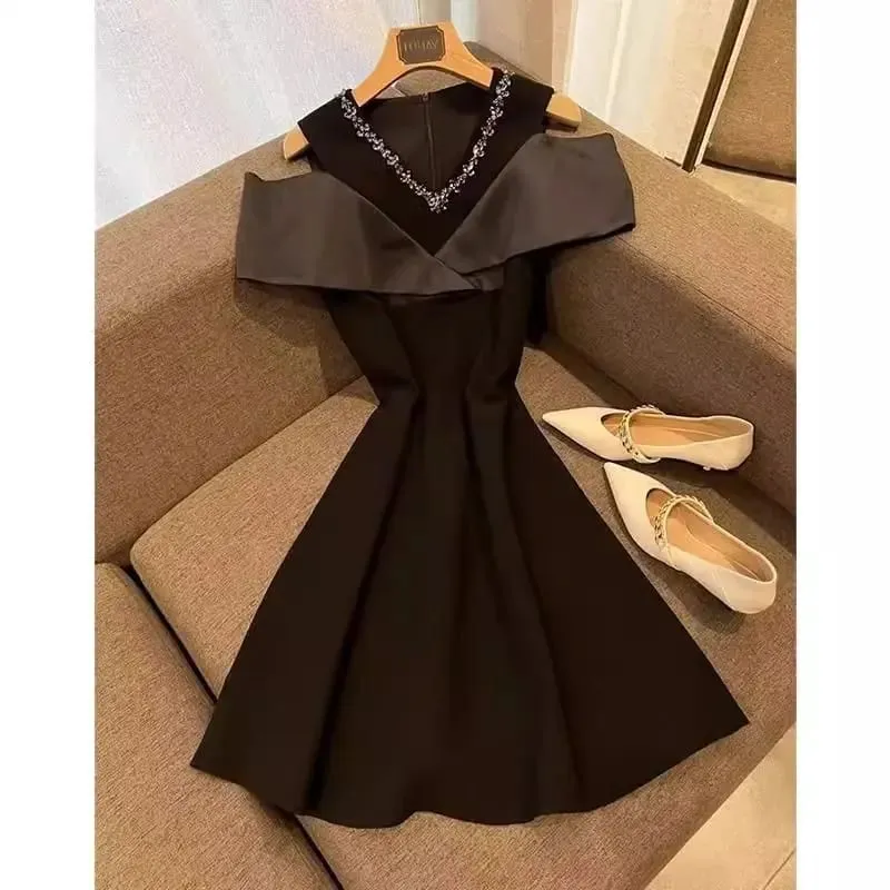 França elegante preto retalhos vestido de alça longa sem mangas estilo festa feminino suave y2k vintage bodycon primavera verão 2026