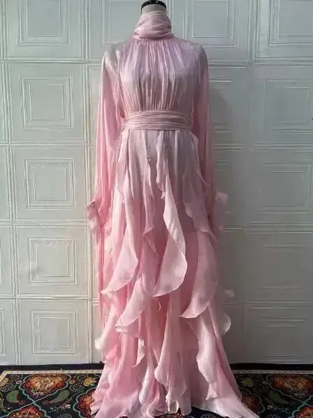 Early Autumn Turtleneck Lantern Sleeves Shinny Ruffles Pullover Floor Length Vacation Dress High Waist Female Vestido