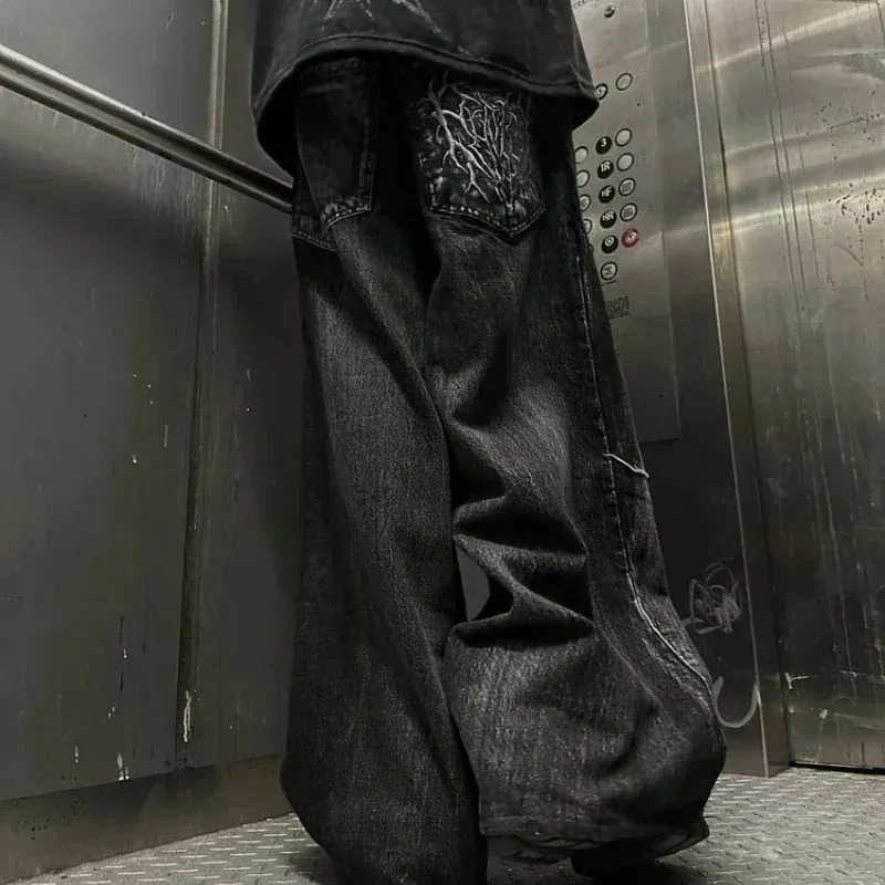 Vintage y2k calças de brim baggy emenda bordado padrão jeans de alta qualidade hip hop gótico streetwear masculino feminino casual calças de perna larga