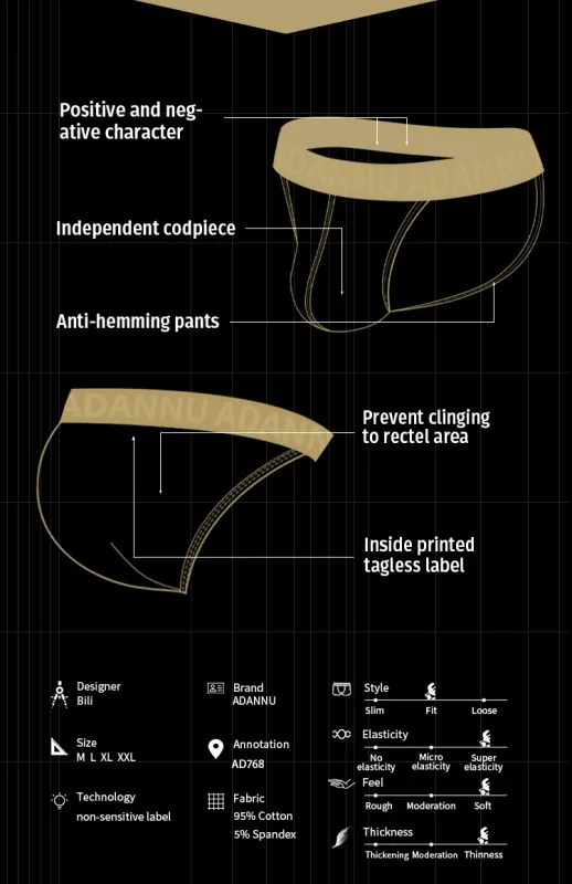 Cueca convexa de algodão com nervuras, confortável para a pele, sensação nua, letra em relevo, cintura larga, roupa íntima de ajuste fino