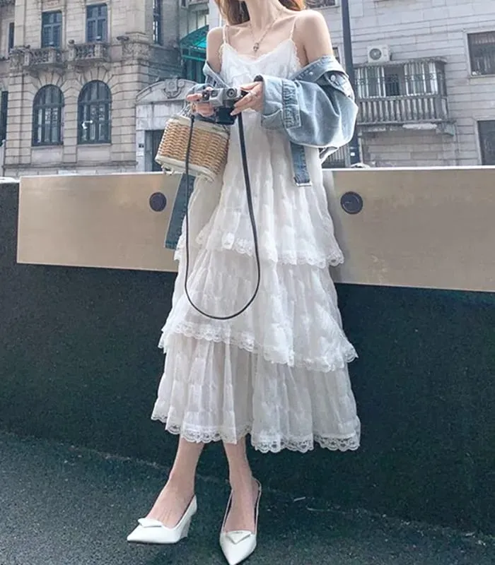ฤดูร้อน Befree ยาว Vintage Casual Ruffles Elegant Maxi สายคล้องคอ Camis Silky Beach Lace Elegant Party Dress Vestidos ผู้หญิงเซ็กซี่