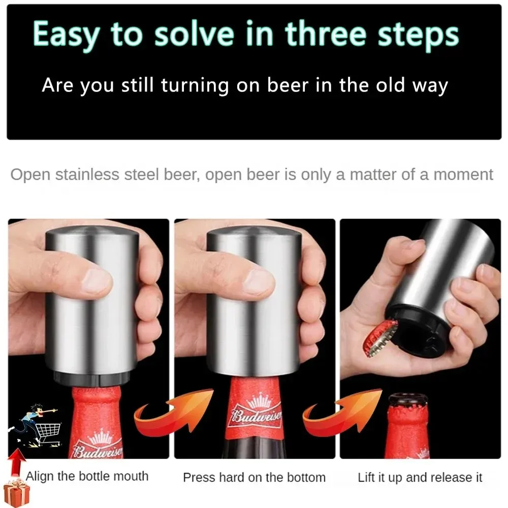 1/2 pçs abridor de garrafa de cerveja automático aço inoxidável push down abridor para ímã cerveja soda boné bar festa acessórios de cozinha