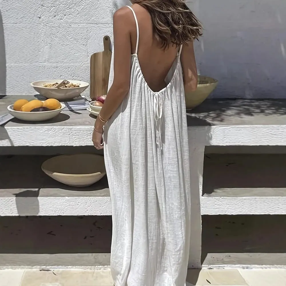 Vestidos cami sem costas abertos, vestido de salão com alça espaguete, sem mangas, vestido de casa longo, férias, praia