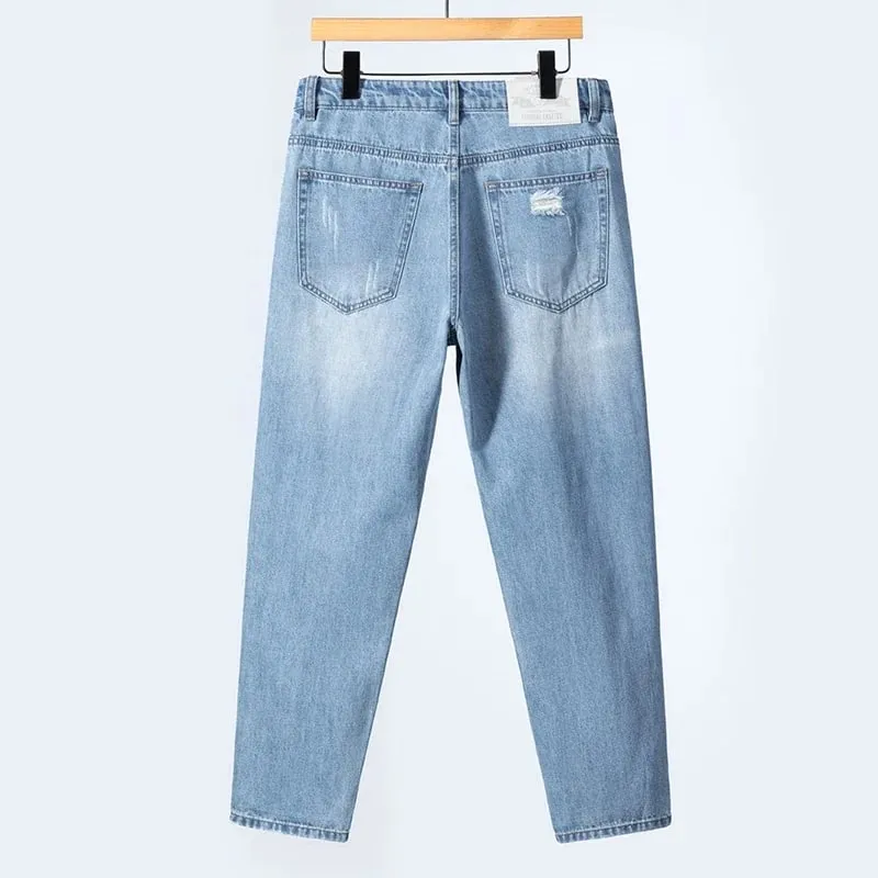 Verão fino rasgado jeans dos homens em linha reta respirável lavado denim calças casuais streetwear harlen tornozelo comprimento calças azul claro