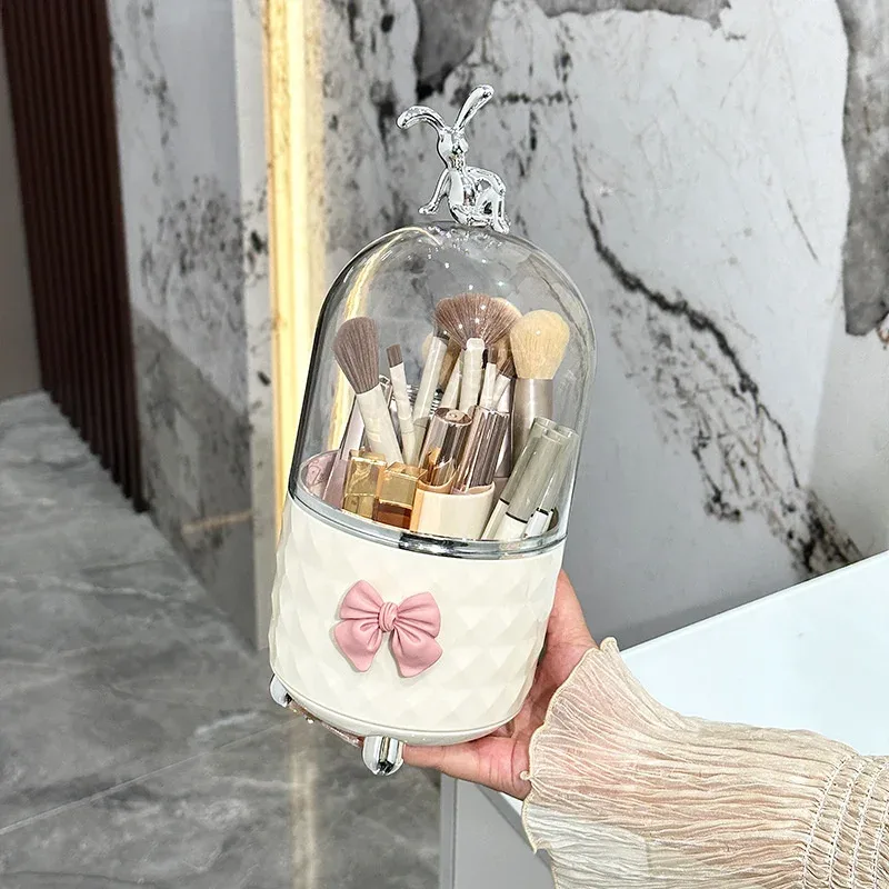 Organizador de pincéis de maquiagem rotativo 360 °, plástico transparente, à prova de poeira, caixa de armazenamento de ferramentas cosméticas para organizador, batom, pincéis de maquiagem