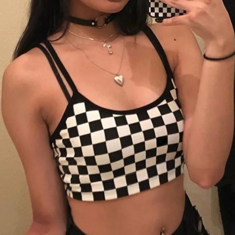 Preto vermelho xadrez xadrez tanque superior halter feminino nu midriff colheita topos camis moda tubo superior feminino sem mangas colete cortado