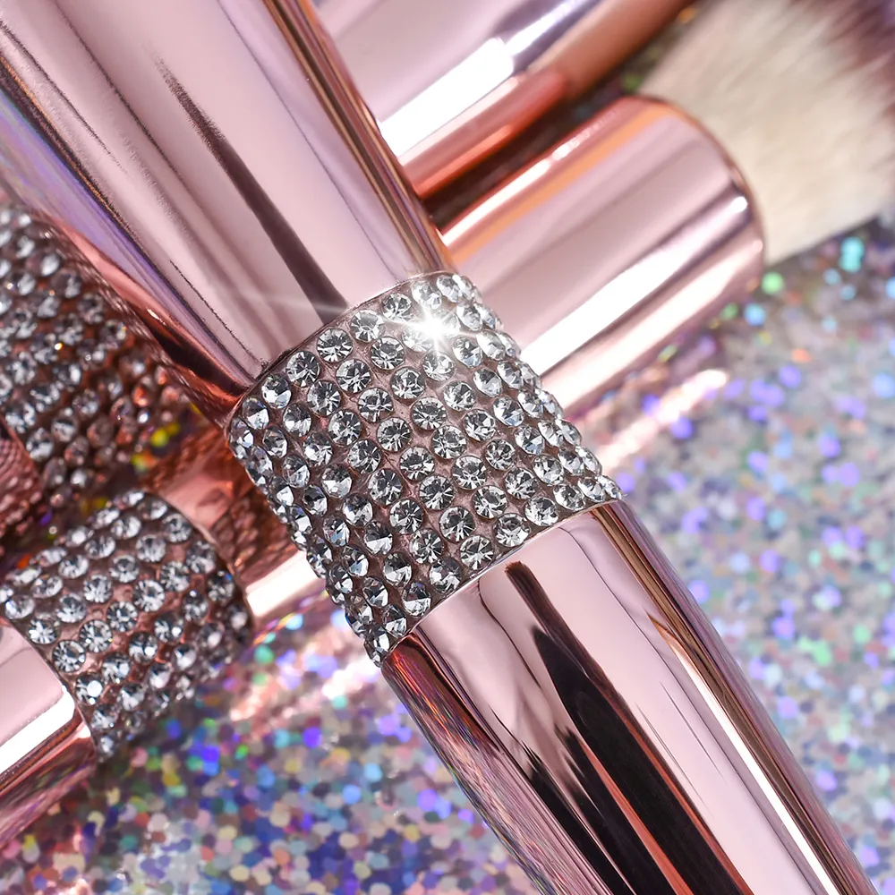 Novo 14 pçs luxo rosa ouro bling strass pincéis de maquiagem conjunto brilho diamante vegan conjunto de escova de maquiagem com strass — image 5