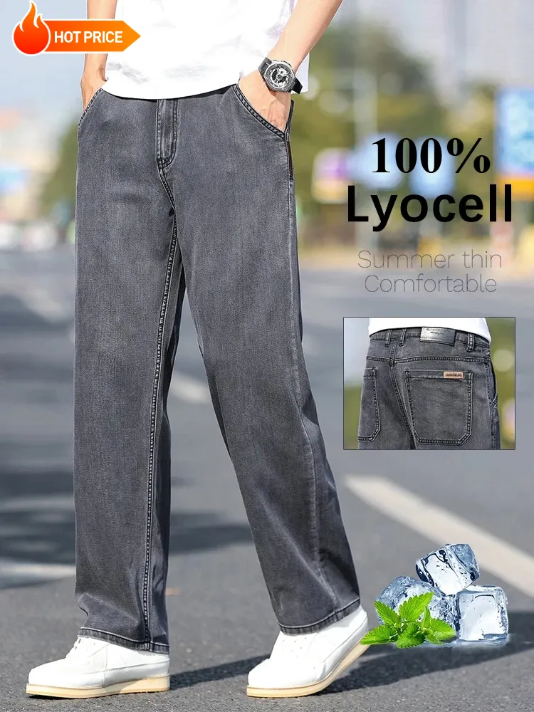 Calças de brim finas masculinas de perna larga solta lyocell macio drape tecido conforto calças primavera verão marca de moda calças jeans de lavagem