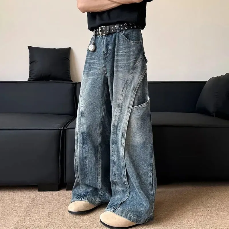 Calça jeans masculina curvada, versão coreana, com design retrô solto, perna reta, casual, bolso grande, perna larga