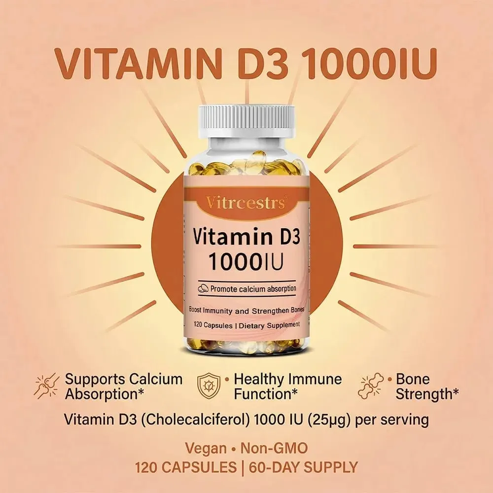 Vitamina D3 1000iu para suporte imunológico, função muscular saudável e saúde óssea - 120 cápsulas vegetais sem glúten sem OGM — image 6