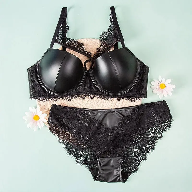 Ajustável superior fino inferior grosso conjunto de roupa interior reunindo lingerie underpant feminino conjunto sutiã brilhante couro do plutônio bralette