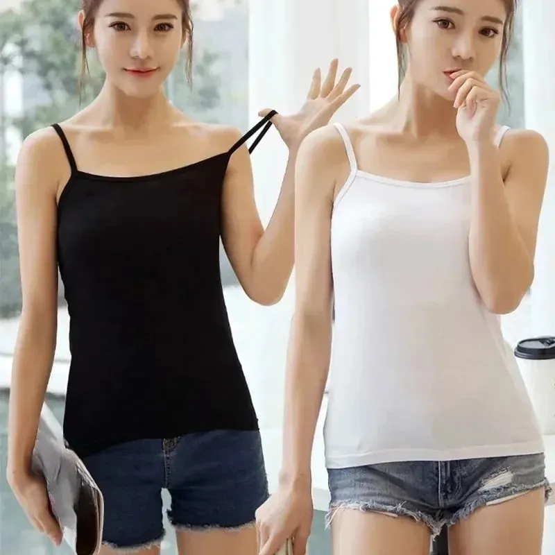 Feminino cor sólida cintas de espaguete sem mangas camisola fina com almofada no peito algodão verão wear fora feminino curto topos coletes