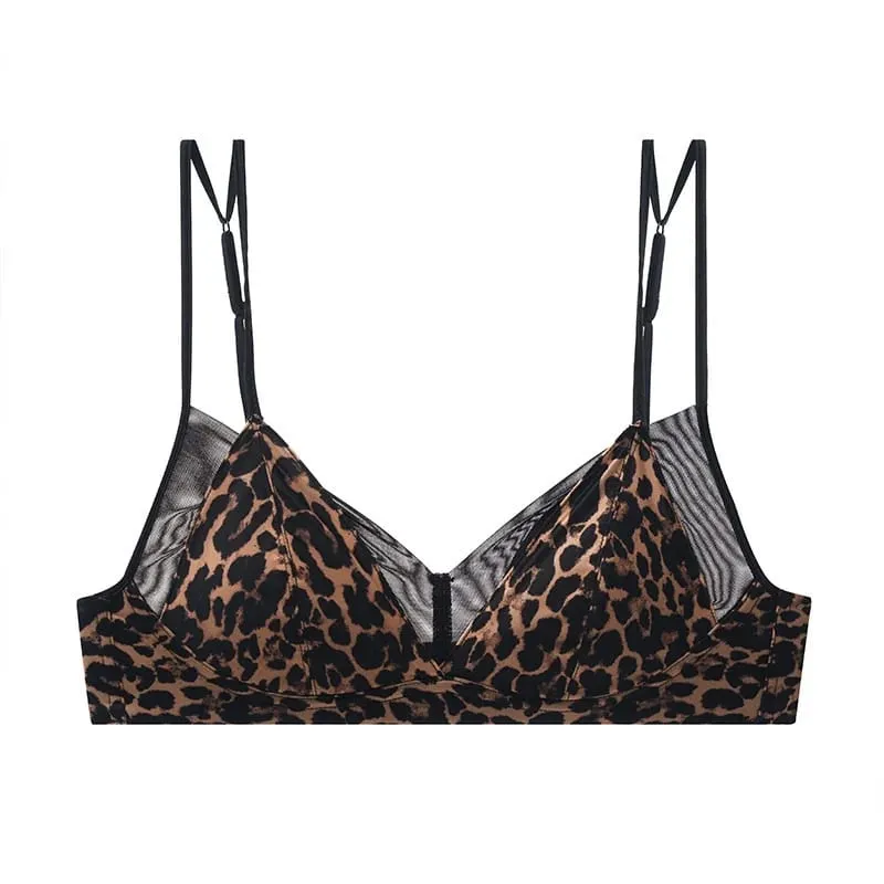 Modish leopardo conjunto íntimo sem fio fino triângulo sutiã respirável verão nu tecido pequeno peito firme reunião das mulheres interior