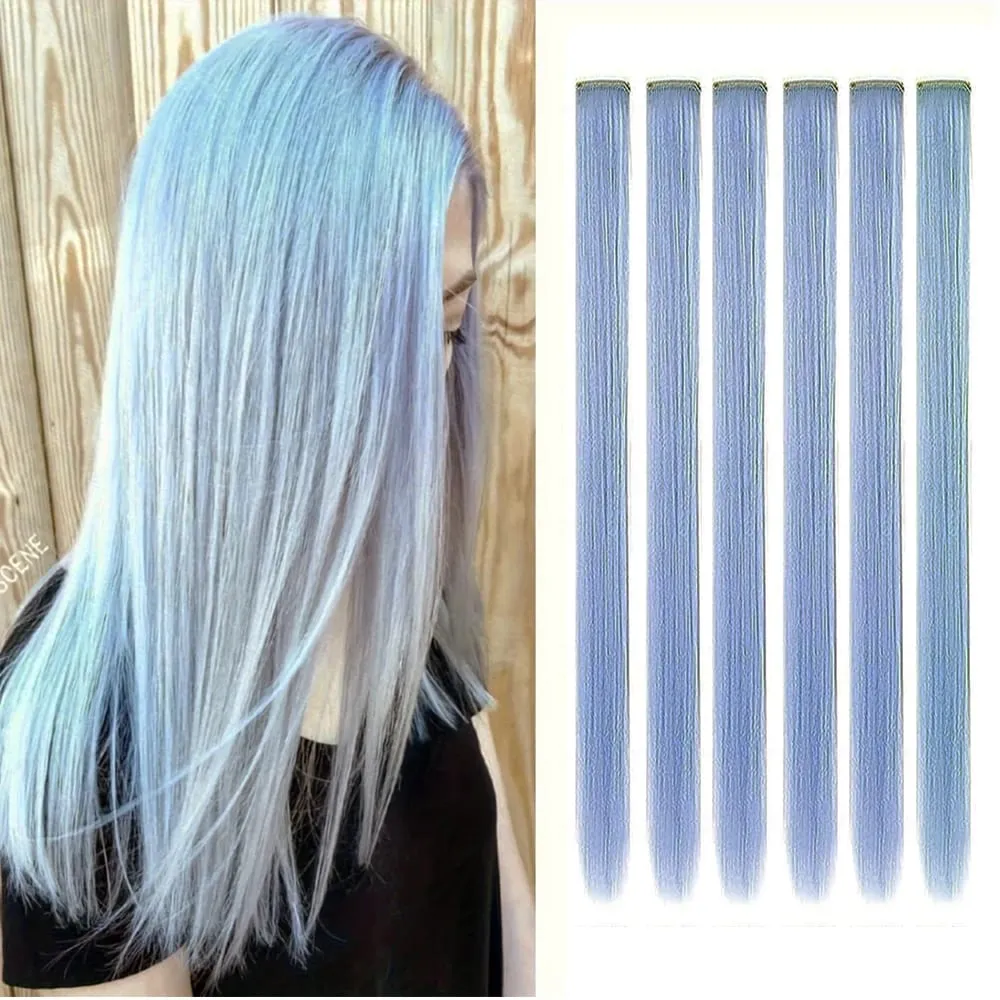 6 unidades/pacote colorido festa destaques clipe em extensões de cabelo 22 polegadas multi-cores cabelo liso sintético postiços — image 19