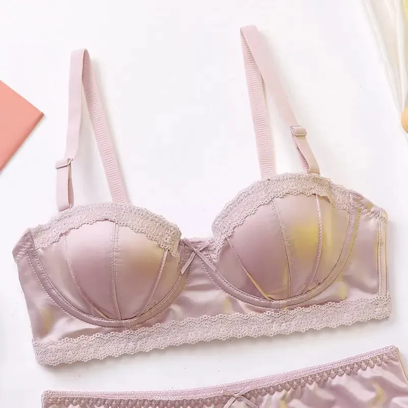 Luxo francês minimizador sutiã cetim renda fina copo macio underwire uplift centralização anti-flacidez sólido conforto suporte elegante feminino