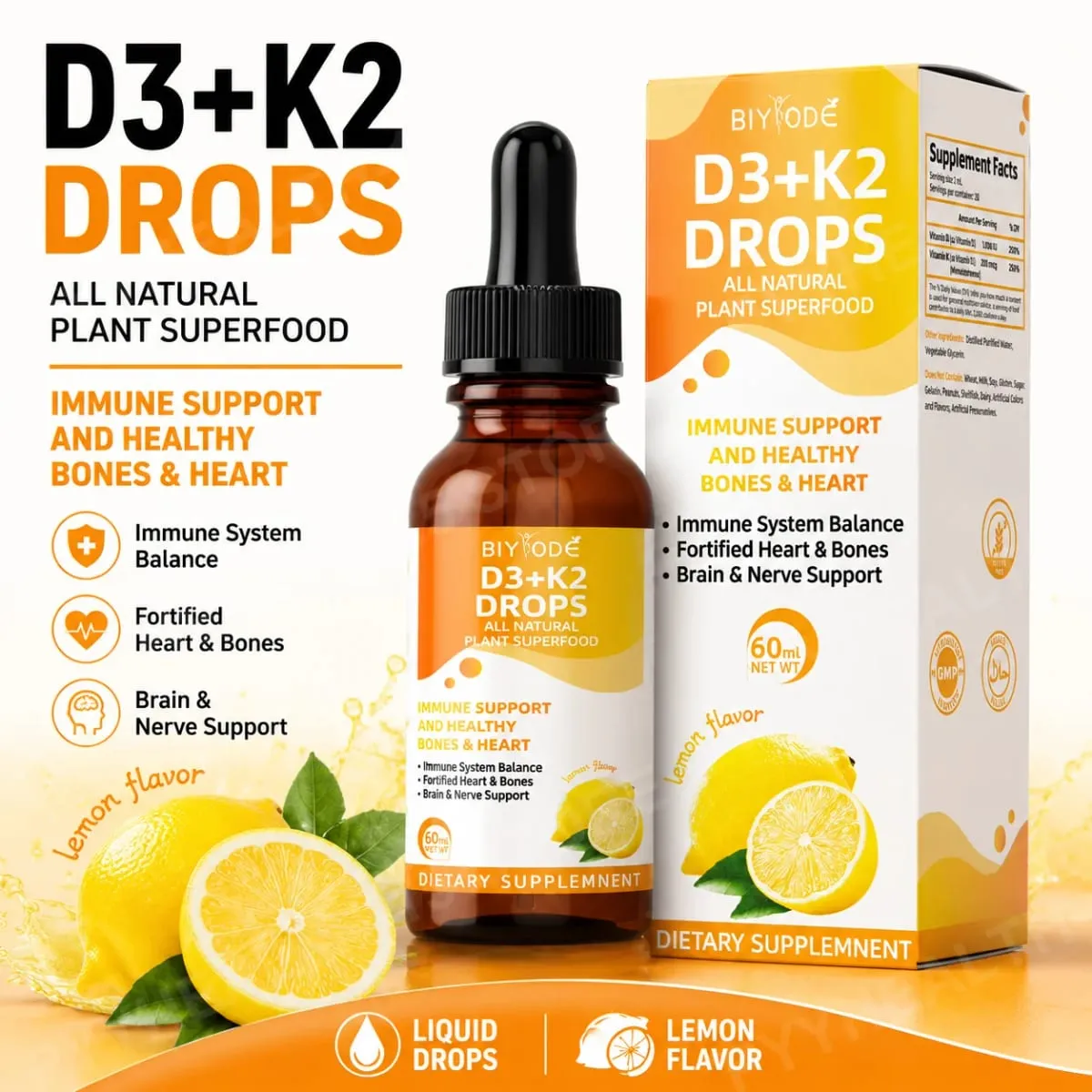 Vitamina D3 K2 Gotas Líquidas Absorção de Cálcio e Suporte Ósseo 1000 UI D3 com Sabor Limão K2 60 ml 30 Porções
