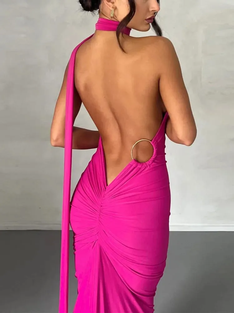 Neon Y2K Clothes One Shoulder Sleeveless Backless Ruched Bodycon Maxi Dresses For Women Club Birthday Party Evening Prom