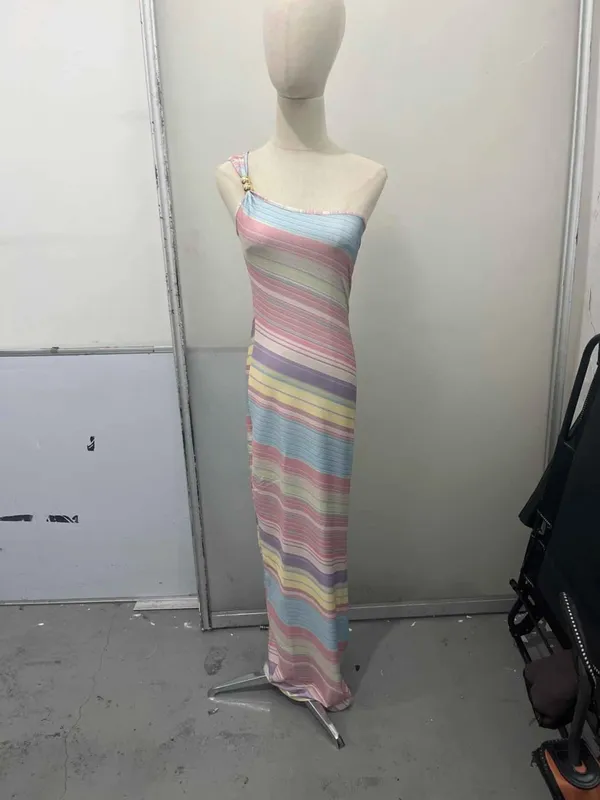 Vestido maxi envoltório de manga comprida com listra vertical de linho com decote em V bainha assimétrica vestido de férias adequado para uso diário no trabalho