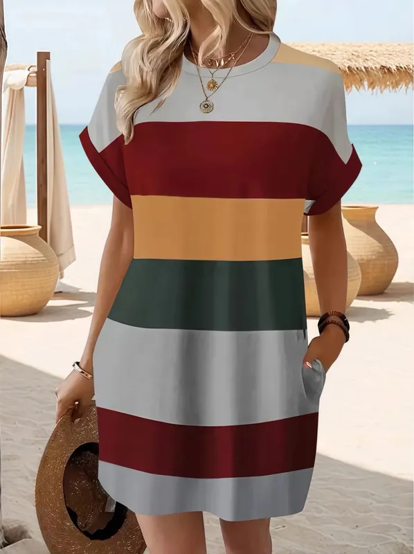 Vestido chique plus size: listras elegantes, mangas arregaçadas, bolsos – vestido feminino confortável e casual