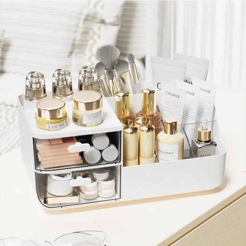 Organizador de cosméticos com 2 gavetas transparentes, grande capacidade, visão clara, economia de espaço, deslizamento suave para pincéis de maquiagem