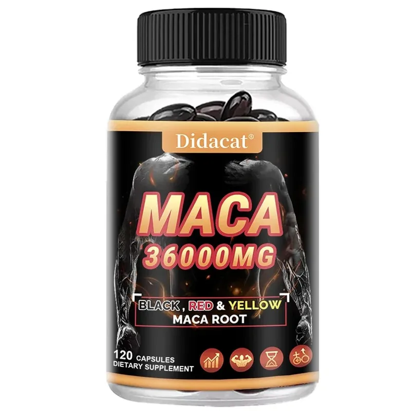 Cápsulas orgânicas em pó de raiz de maca com suplemento de extrato de raiz de maca preto + vermelho + amarelo para homens e mulheres - 120 cápsulas