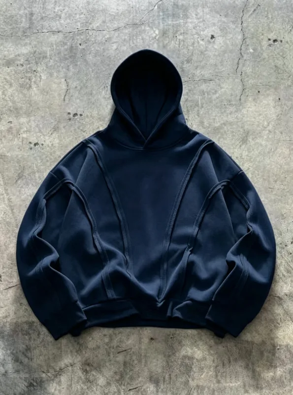 Striped solidcolor mens hooded sweatshirt with fleece forwarmth. Fashionable street casual loosefitting casual sweater with hood