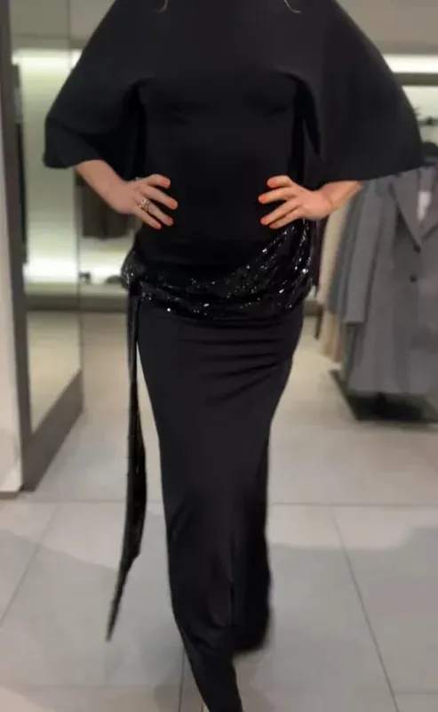 Lantejoulas retalhos sem costas vestido feminino elegante sólido manga média cinched-cintura magro vestidos longos moda festa de noite