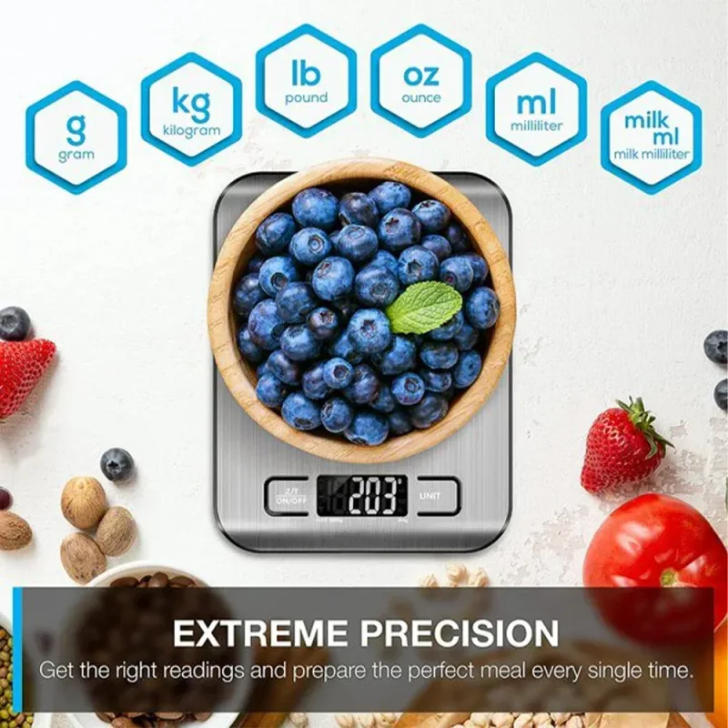 Balança digital de cozinha, 5kg/10kg, alimentos, multifuncional, aço inoxidável, display lcd, medição de gramas, onças, cozimento