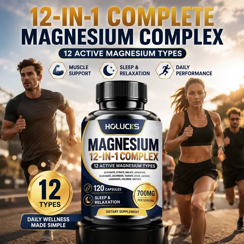 Cápsulas complexas de magnésio 12 em 1 - suplemento para saúde óssea e cardíaca, suporte para sono, relaxamento muscular, estresse e alívio de ansiedade