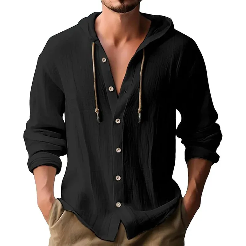 Men's Solid Color Casual Shirt Hooded Drawstring Cotton and Linen Cardigan Trendy and Versatile Loose Beach T-Shirt