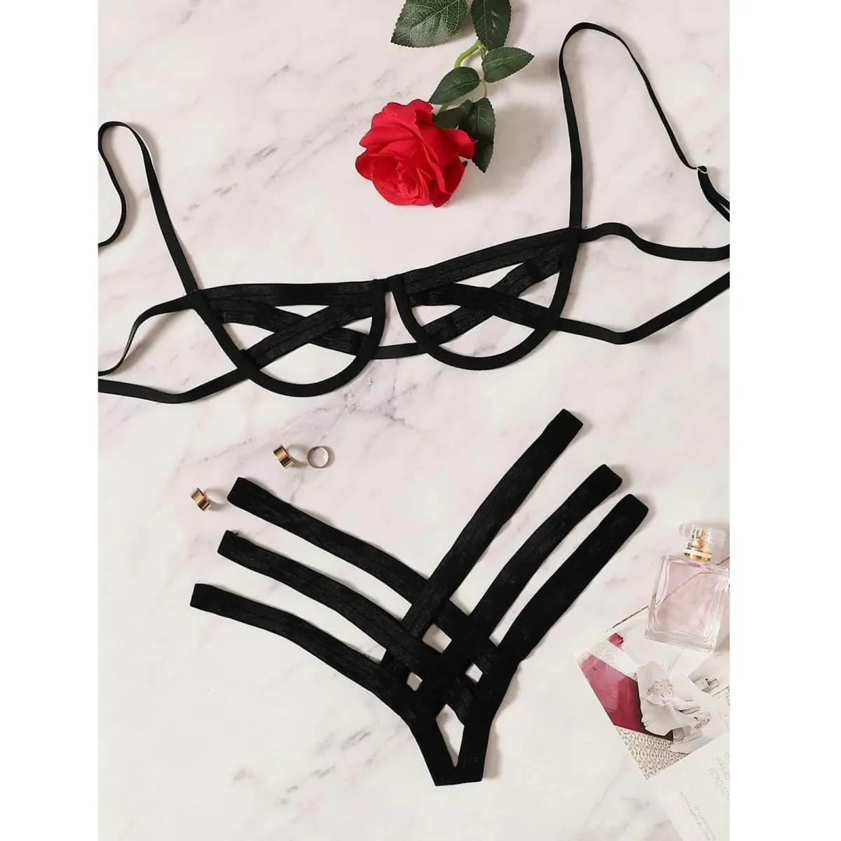 Sexy malha oco para fora conjunto de lingerie das mulheres sem costura conjunto de sutiã de cor sólida macio e confortável briefs elástico íntimos conjunto de roupa interior — image 1