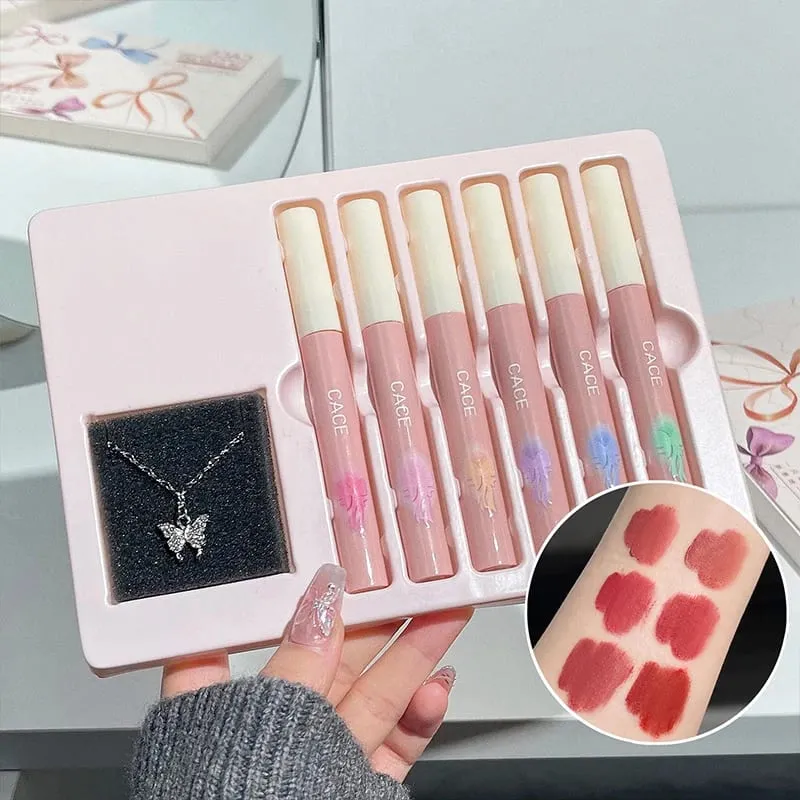 Conjunto de maquiagem de batom líquido fosco, 6 cores, brilho labial de longa duração, à prova d'água, lama labial com colar, presente, cosméticos