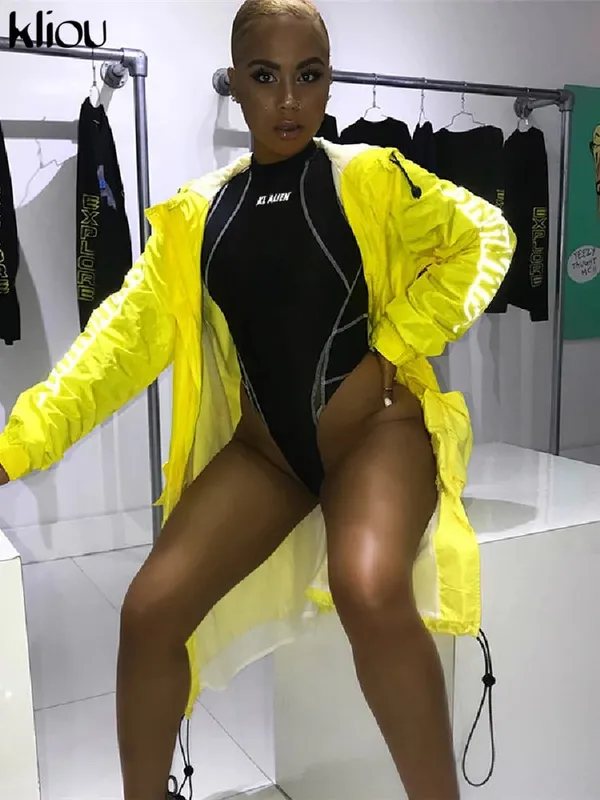 Kliou feminino manga cheia gola alta bodysuits malha retalhos carta impressão biker nova moda feminina treino rua casual macacão