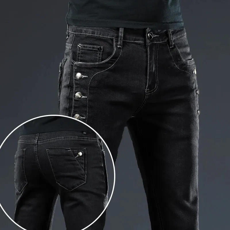 Novos homens magro botão preto jeans magros cor sólida estiramento skate multi-botão juventude masculino calças jeans